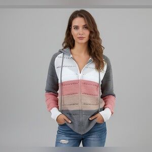 Pointelle Knit Drawstring Zip Hooded Cardigan